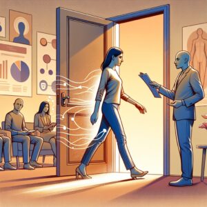 تصویری از یک فرد در حال ورودی با یک پای درب به اتاق ایستاده، که نشان‌دهنده تکنیک پای درب در بازاریابی و روان‌شناسی است.