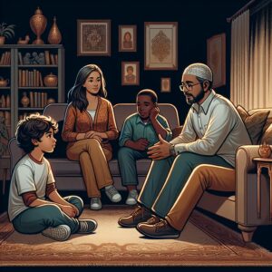 نمایش تصویری زیبا از کودکی که با خانواده‌اش در محیطی دوستانه و بدون قضاوت در حال گفتگو است و به آرامی احساسات خود را بیان می‌کند.