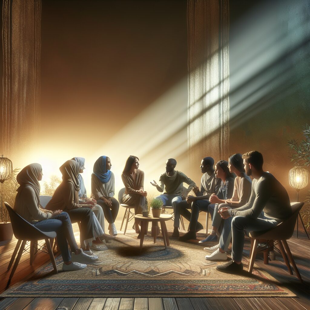 تصویری از یک گروه از افراد در حال گفتگو در فضایی آرام و حمایت‌گر، نمادی از بازسازی اعتماد.