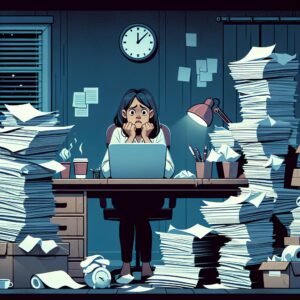 تصویری از فردی که پشت میز کاری پر از اسناد نشسته است، نگران و مشغول کار است.