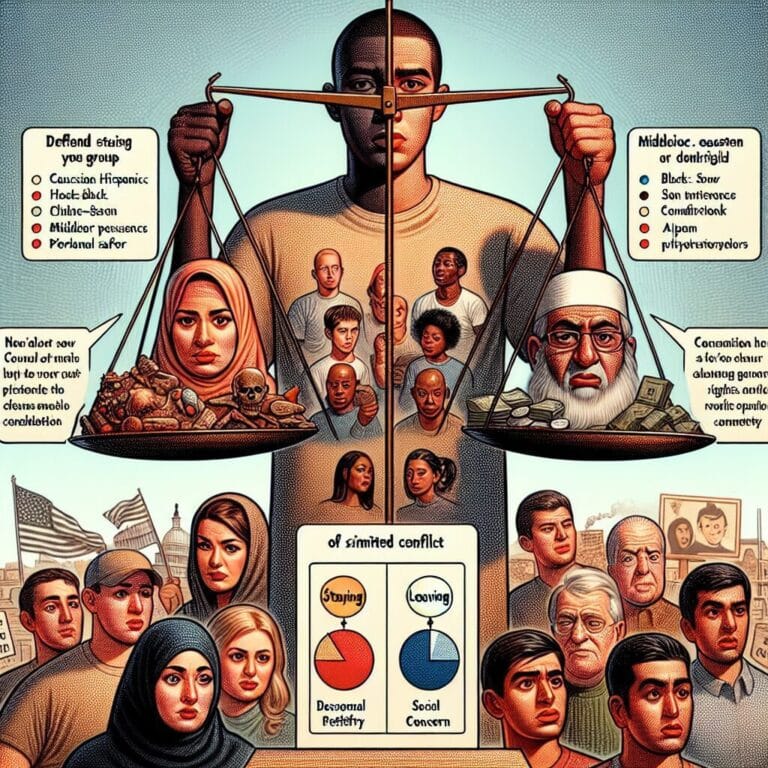 تصویری از یک صحنه گروهی با افراد درگیر در تصمیم‌گیری برای ماندن یا ترک کردن، در یک بازی شبیه‌سازی تعارض.