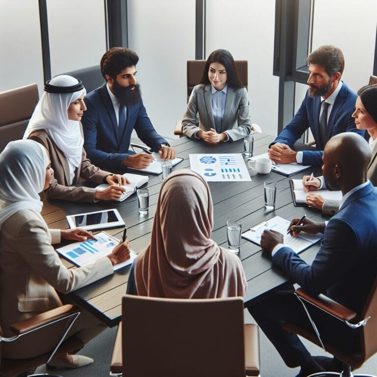 تصویری از یک میز کنفرانس با افراد مختلف که در حال تعامل و گفتگو با هم هستند. تصاویر شامل یادداشت‌ها و ابزارهایی برای گفتگو می‌شود.