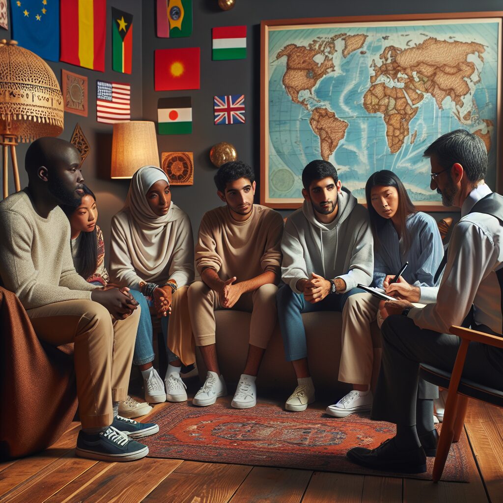 تصویر از جلسه مشاوره روانی با حضور مهاجران و روان‌درمانگر، در حال تبادل نظر در محیطی آرام