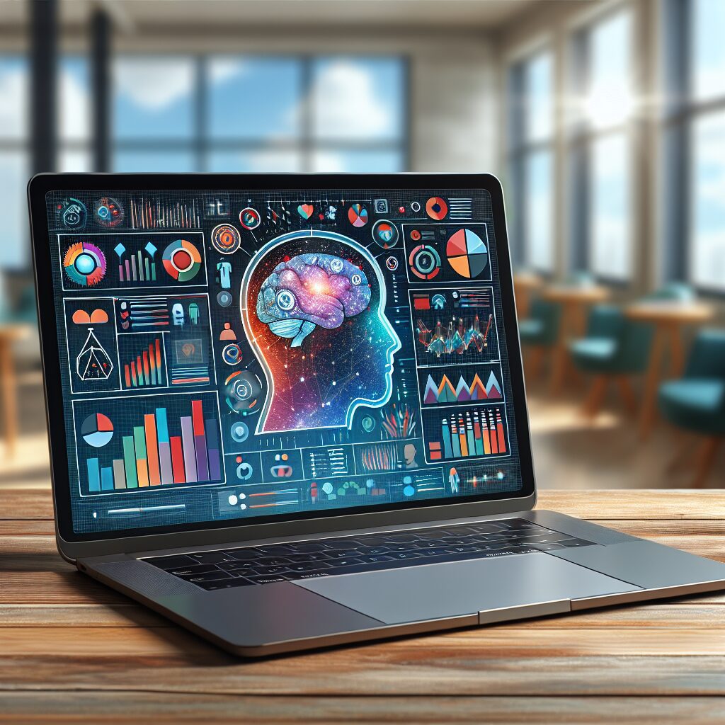 تصویری از دستگاه دیجیتال مانند لپ‌تاپ با نمایش نتایج آزمون روانشناسی روی صفحه، در کنار المان‌های گرافیکی مربوط به بررسی‌های روانشناسی