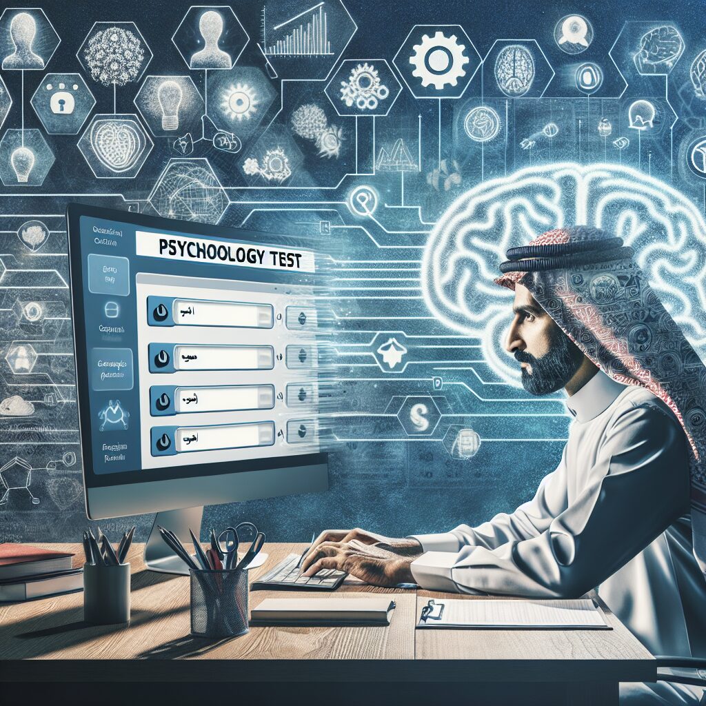 تصویری از فردی که آنلاین آزمون روانشناسی انجام می‌دهد، با نمادهای روانشناسی و نمودارهای تحلیل در پس‌زمینه