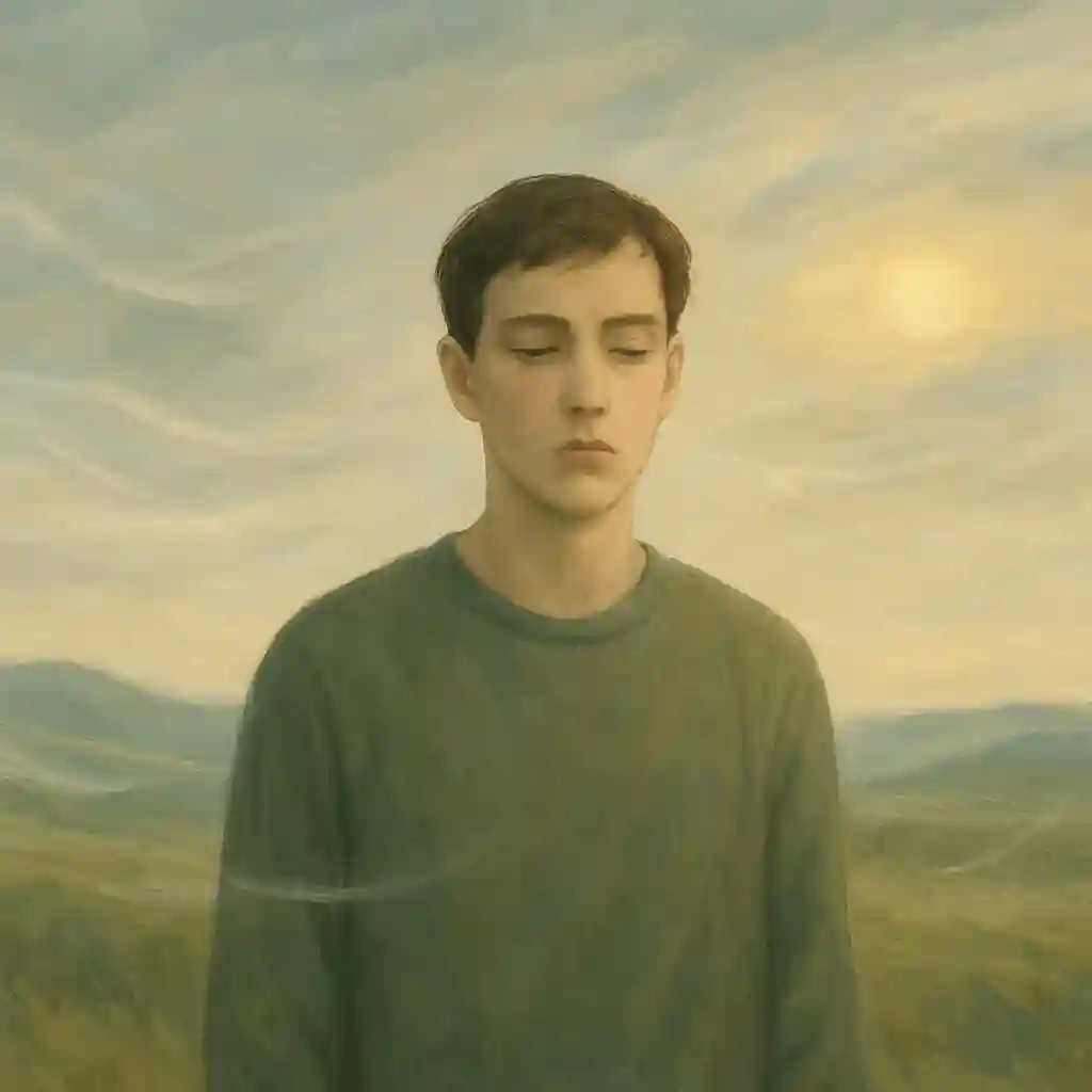 بیحسی روانی در بحران: علل و راهکارها Illustration of a person in a serene landscape with a detached expression reflecting psychological numbness.