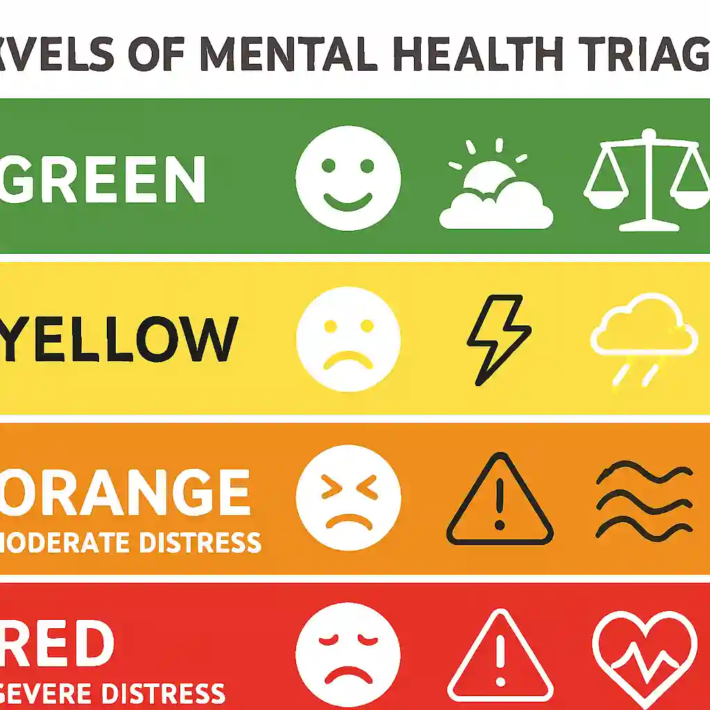 مفهوم و اهمیت تریاژ سلامت روان در بحران تصویر نقاشی شدهای از سطوح مختلف تریاژ سلامت روان با استفاده از رنگهای سبز، زرد، نارنجی و قرمز که هر سطح دارای نمادها و نشانههای خاصی است.