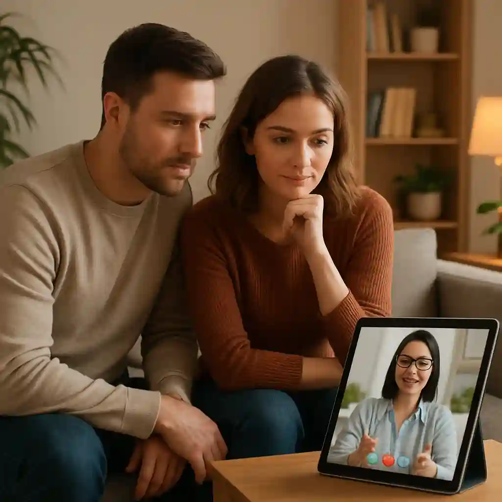 مشاوره فرزندپروری آنلاین؛ راهنمای جامع مدیریت رفتار کودک تصویر والدین در حال استفاده از مشاوره آنلاین برای تربیت کودک در یک محیط خانوادگی مدرن