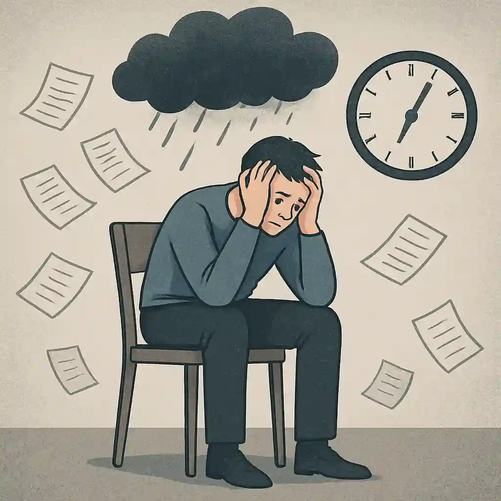 فاجعهسازی ذهنی چیست و چرا در زمان تنش سیاسی تشدید میشود؟ A person sitting with a worried expression, surrounded by symbolic images of chaos and disorder.