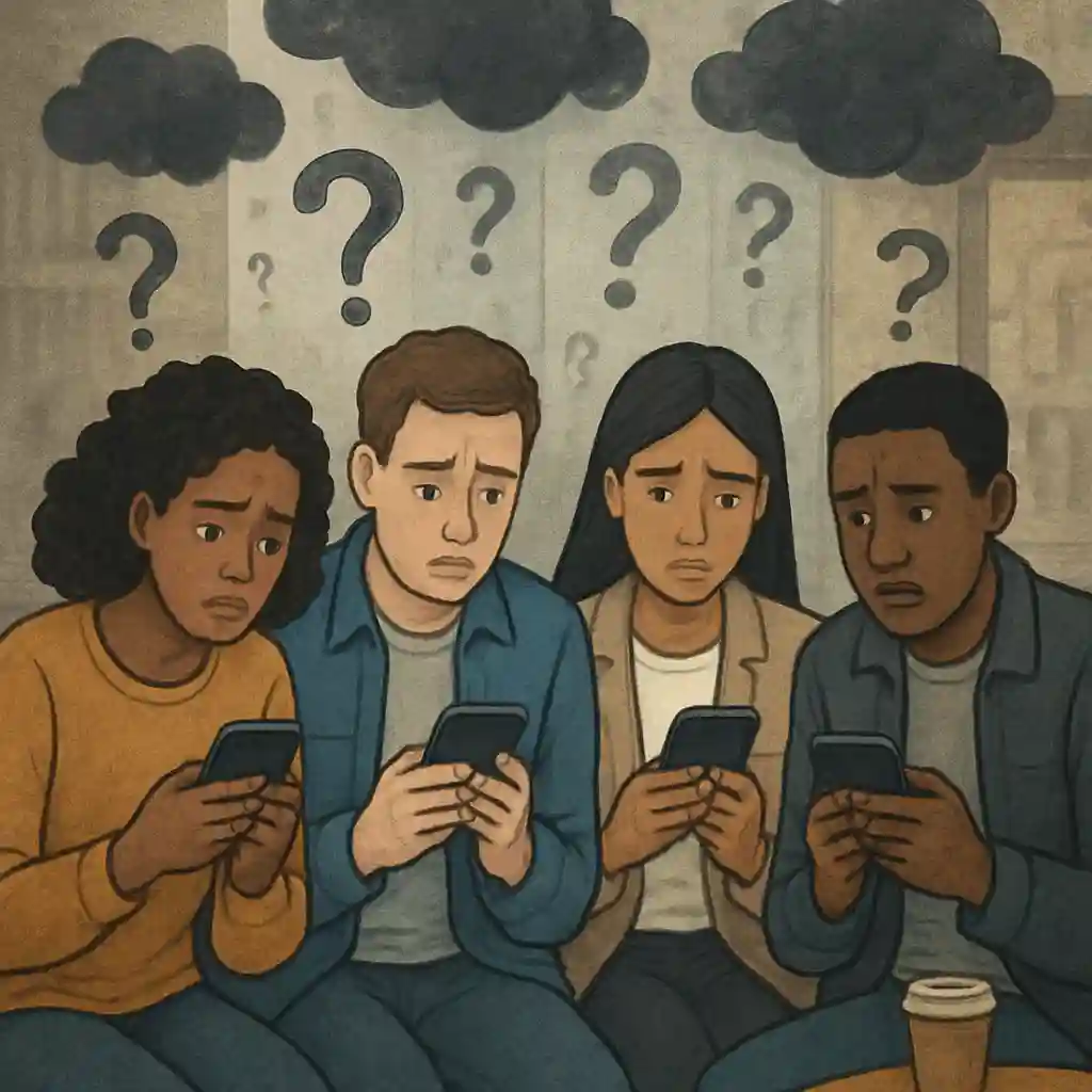 راهنمای کامل اعتیاد به اخبار جنگ: دلایل، پیامدها و راهکارها تصویری از افرادی که در حال بررسی اخبار جنگ با تلفن همراه هستند، با سایههای اضطراب در پسزمینه