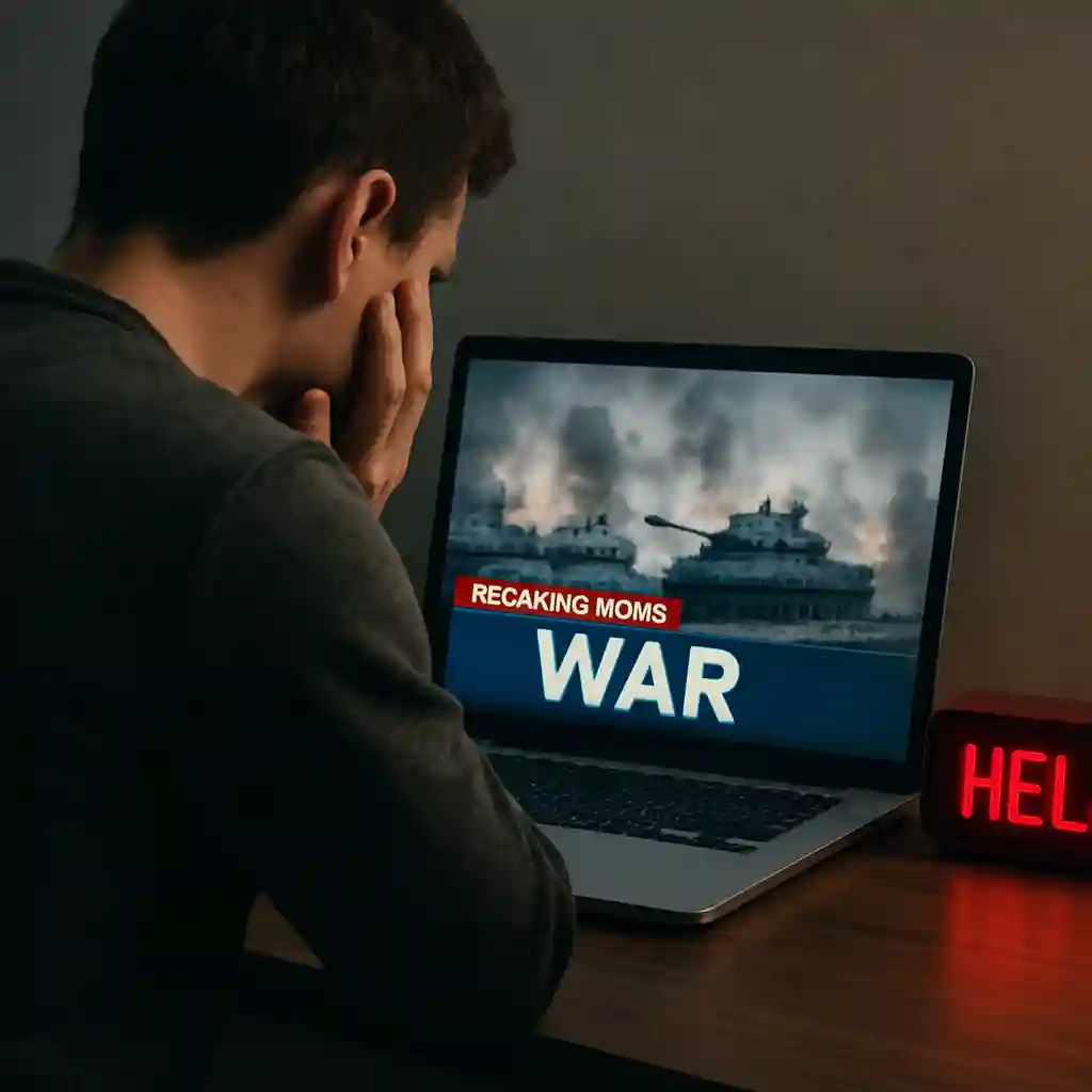 راهنمای کامل اعتیاد به اخبار جنگ: دلایل، پیامدها و راهکارها تصویری از شخصی که اخبار جنگ را روی لپتاپ میبیند با علامت ساعت هشداردهنده