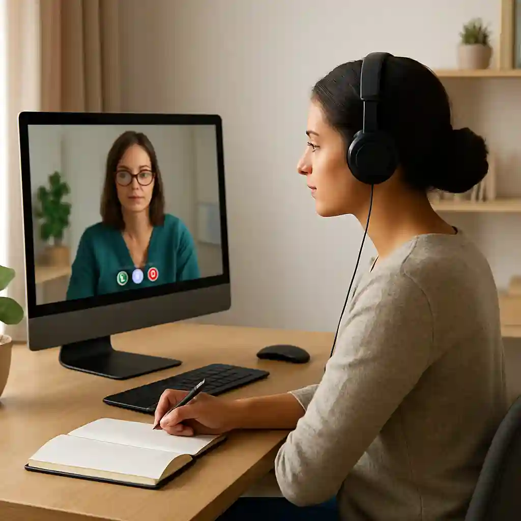 رواندرمانی آنلاین چیست و چگونه شکل گرفت؟ فردی در حال مشاوره آنلاین در خانه با هدفون بر سر، در پس زمینه خانگی آرام.