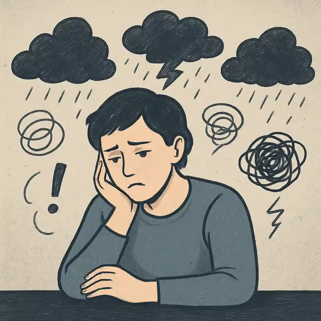 درک افکار مزاحم در شرایط بحران و راههای کنترل آن تصویری از فردی که در حال تفکر عمیق و نگران است و اطراف او با نمادهای افکار منفی مانند ابرهای تیره احاطه شده است.