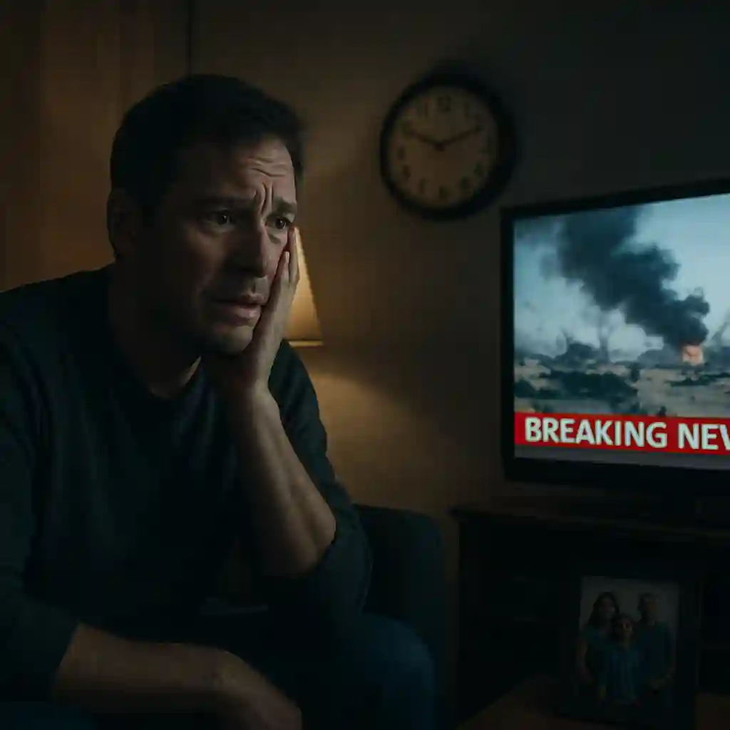 راهنمای کامل اعتیاد به اخبار جنگ: دلایل، پیامدها و راهکارها یک فرد در حال نگاه کردن به تلویزیون که خبرهای جنگی در حال پخش است و نشانههایی از اضطراب و ناراحتی در چهره او مشهود است.