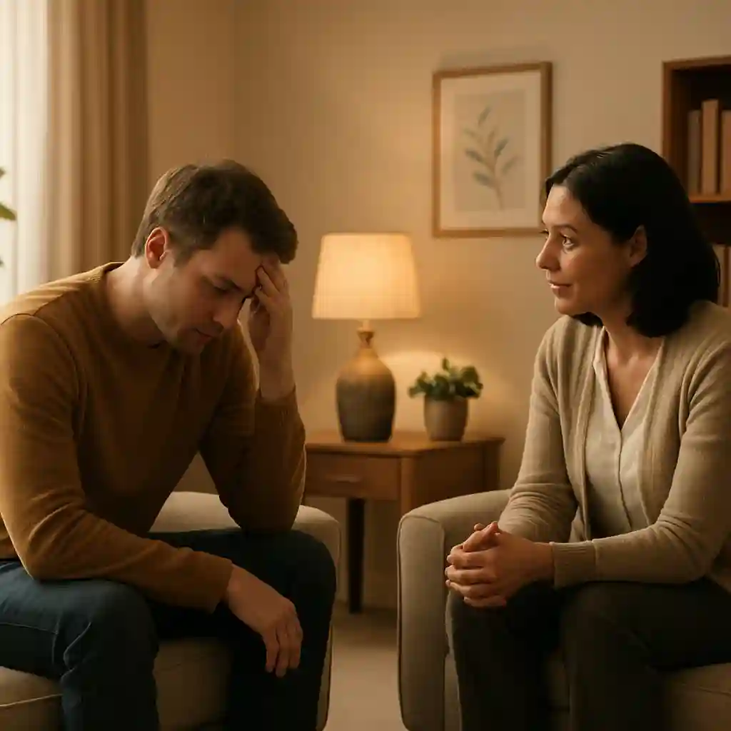 راهنمای کامل اعتیاد به اخبار جنگ: دلایل، پیامدها و راهکارها تصویری از یک فرد در حال صحبت با یک مشاور در یک دفتر آرام، نشاندهنده اهمیت دریافت کمک تخصصی برای آسیب روانی