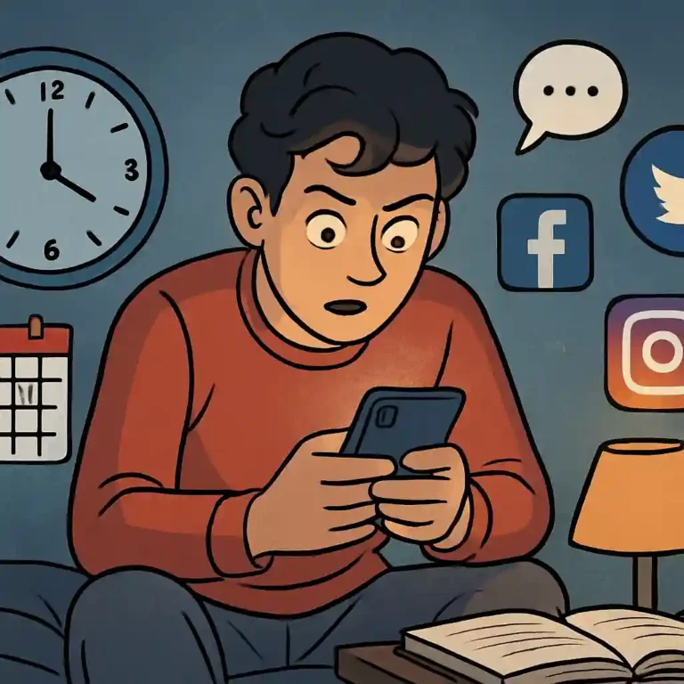 تصویری از یک فرد نشسته با گوشی موبایل در دست، در حال استفاده مفرط و احاطه شده توسط او سرچ لایت یا لامپ مطالعه، اشاره به تمرکز و تکنیک‌های مدیریت زمان.