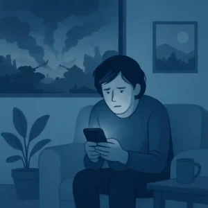 تصویری از یک فرد در حال مرور بیپایان اخبار بر روی یک دستگاه دیجیتال، در یک محیط آرام برای نشان دادن اعتیاد به خبرهای جنگ