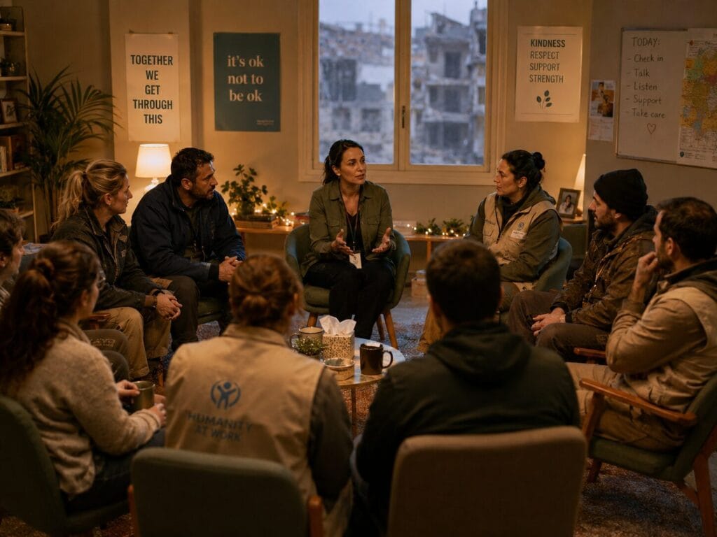 چالشها و راهکارهای سلامت روان کارکنان در زمان جنگ Workers attend a group counseling session led by a therapist in a safe room during wartime.