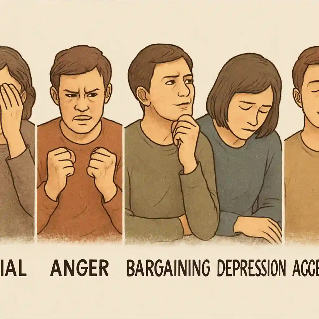 A visual depiction of the five stages of grief in Persian, featuring denial, anger, bargaining, depression, and acceptance.