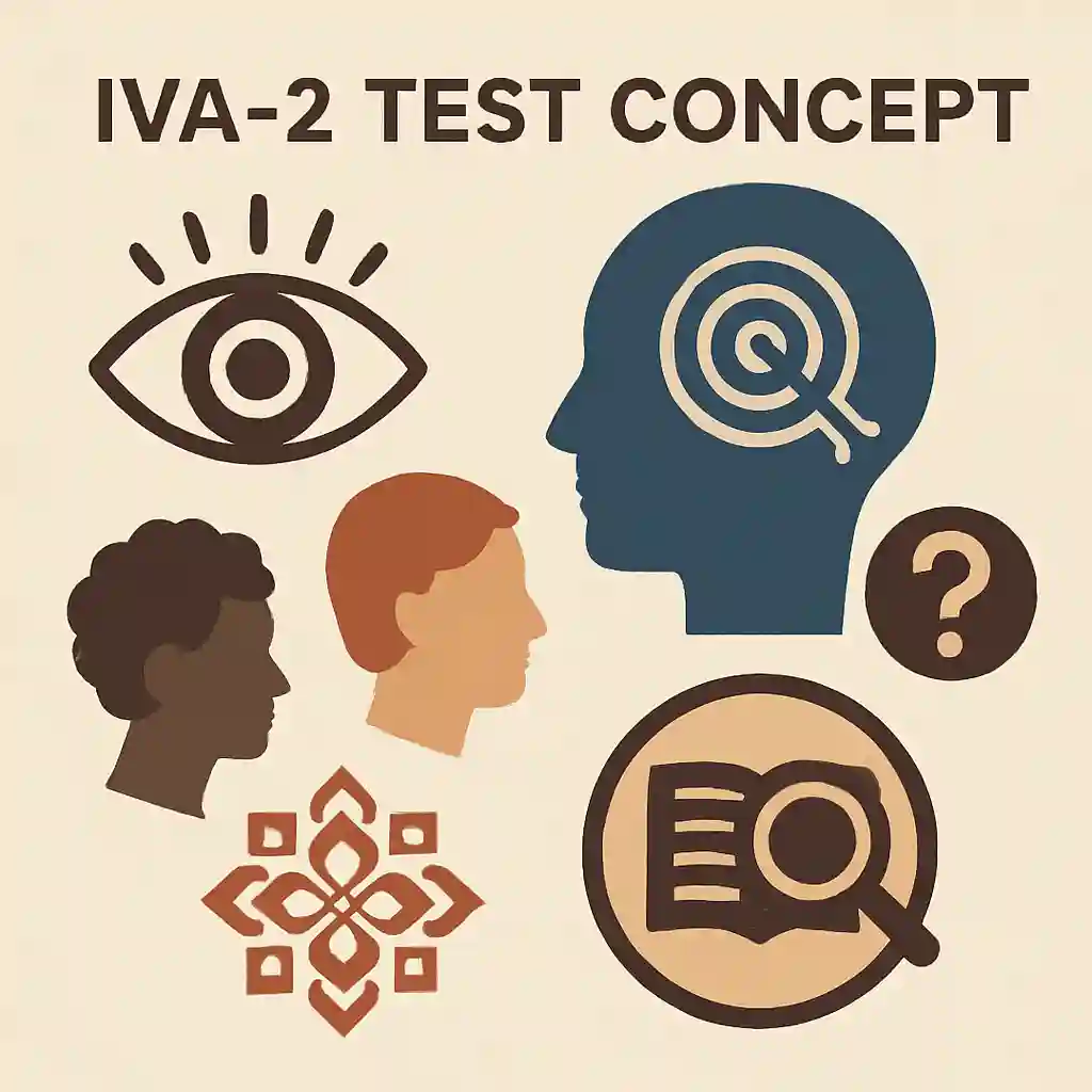 تصویری از آزمون IVA-2 با نمادهایی از توجه، تمرکز، فرهنگ و سن