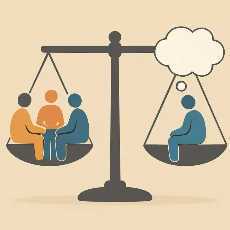 A balanced scale with symbols representing group therapy on one side and individual counseling on the other.