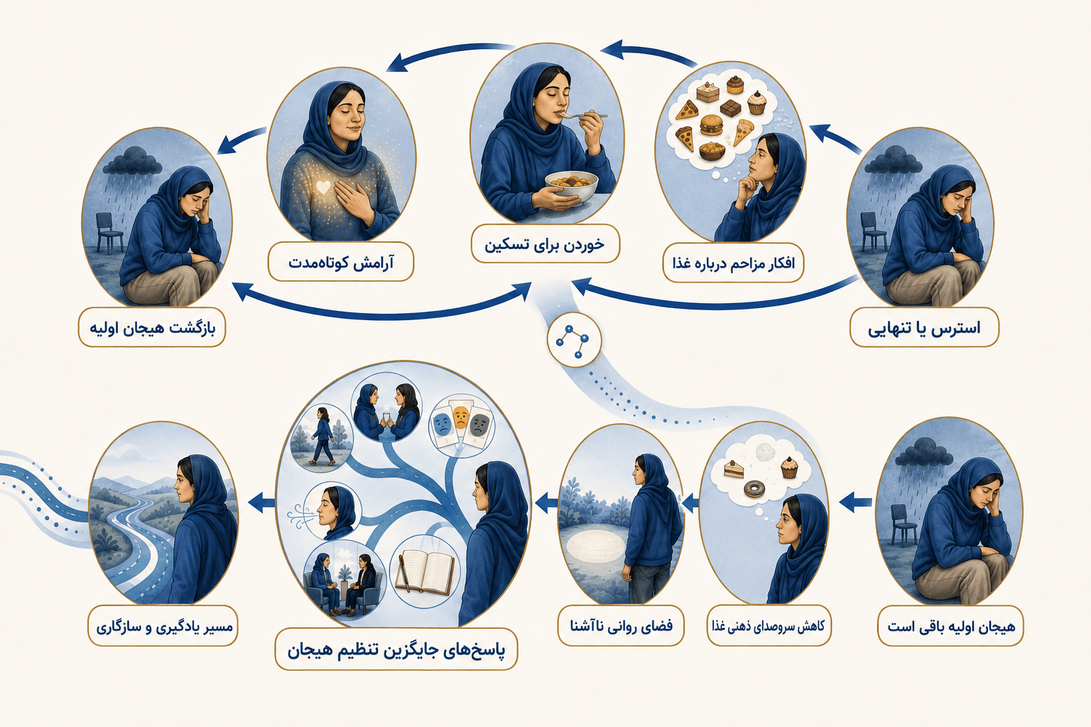 اسپارتینا و سلامت روان؛ اثر تیرزپاتاید بر ذهن، غذا و خلق اینفوگرافیک راستبهچپ از چرخه خوردن هیجانی و مسیر بازِ ایجاد پاسخهای جایگزین پس از کاهش افکار مداوم درباره غذا.