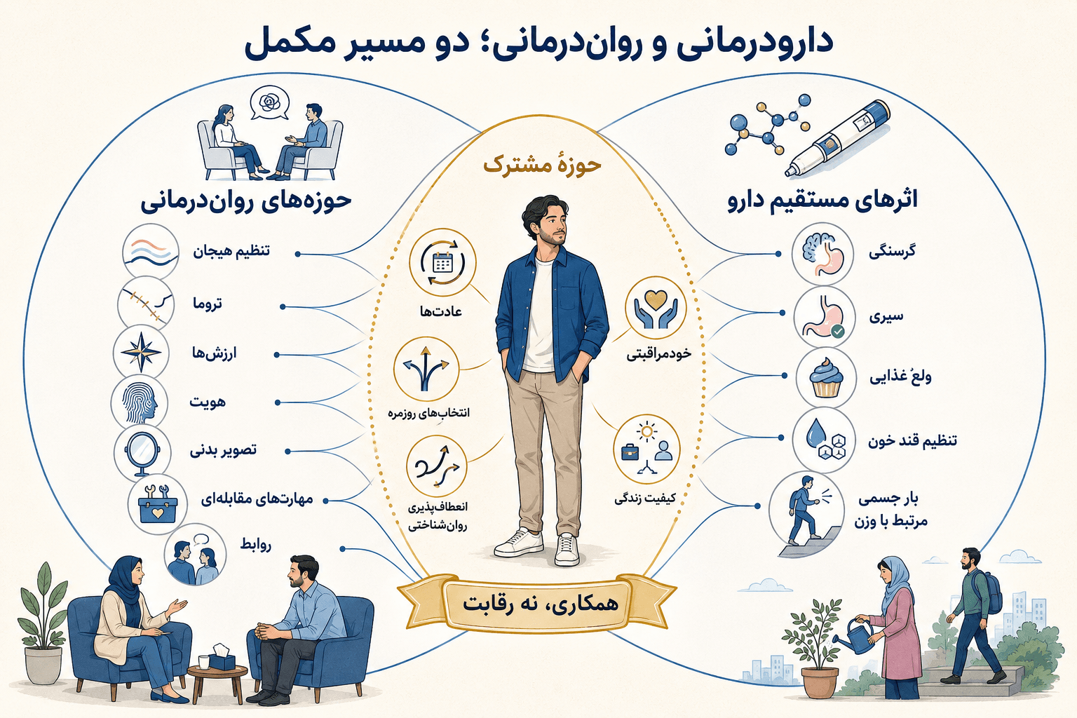 اسپارتینا و سلامت روان؛ اثر تیرزپاتاید بر ذهن، غذا و خلق نمودار دو دایره همپوشان که اثرهای مستقیم دارو را در سمت راست، حوزههای رواندرمانی را در سمت چپ و عادتها، خودمراقبتی و کیفیت زندگی را در بخش مشترک نشان میدهد