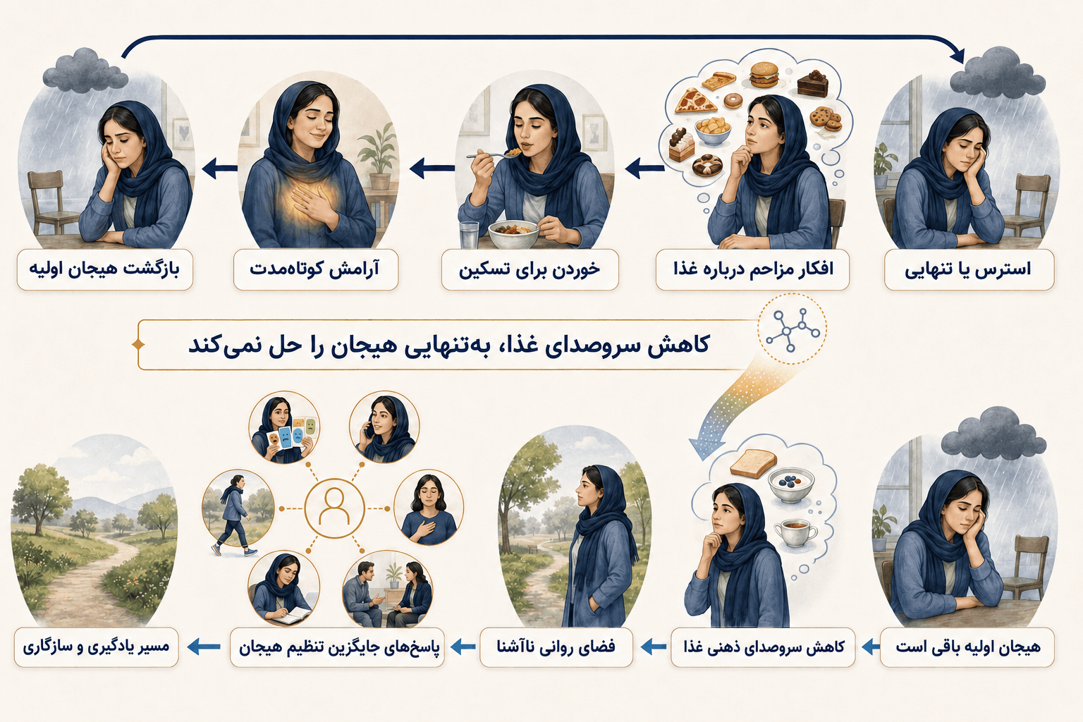اسپارتینا و سلامت روان؛ اثر تیرزپاتاید بر ذهن، غذا و خلق اینفوگرافیک فارسی چرخه استرس، افکار غذایی، خوردن برای تسکین و بازگشت هیجان را با مسیر بازِ کاهش سروصدای غذا و یادگیری مهارتهای تنظیم هیجان مقایسه میکند.