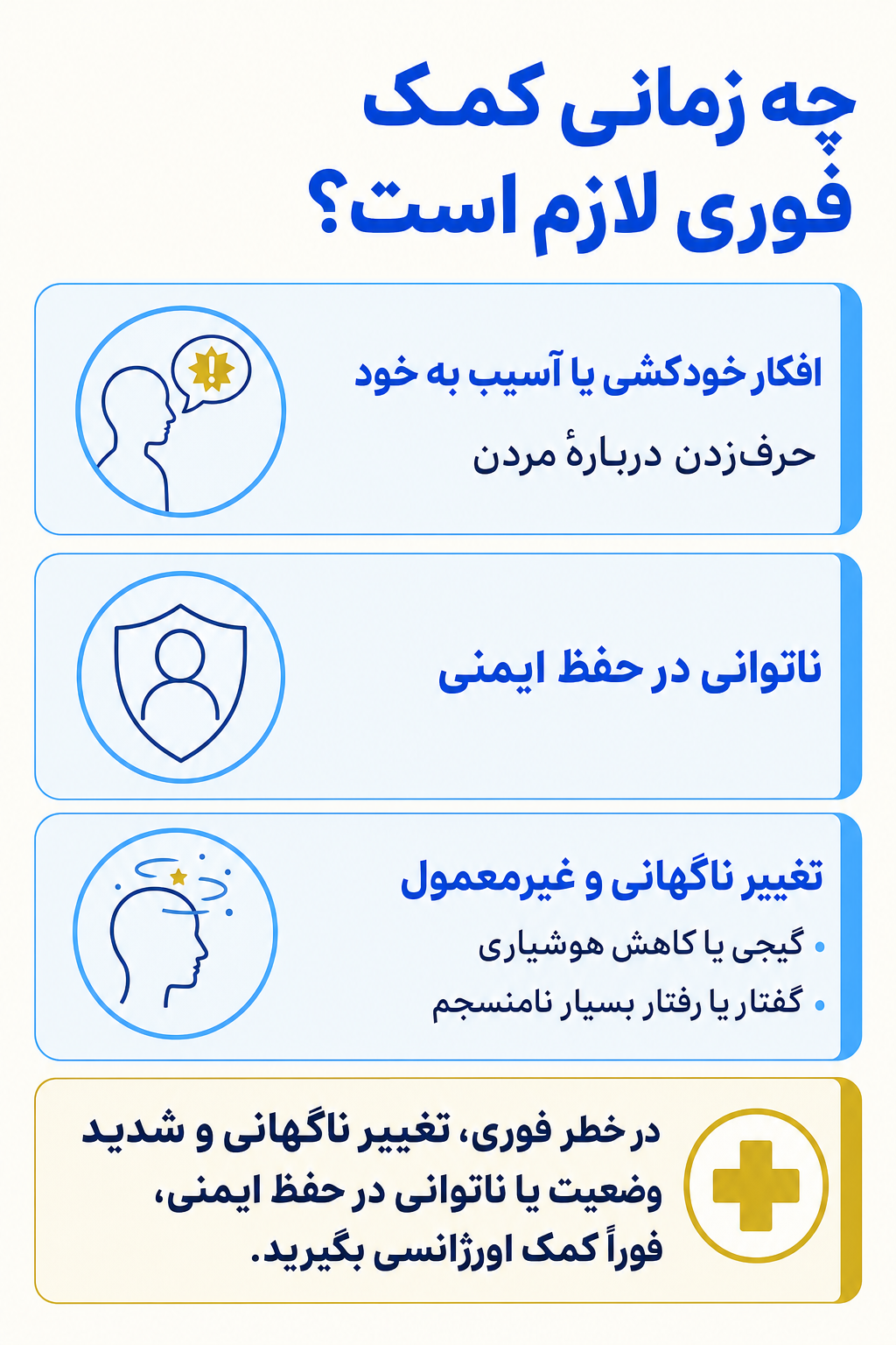 اینفوگرافیک علائم هشدار فوری در اختلال ملال پیش‌از قاعدگی شامل نشانههایی که نیاز به کمک تخصصی فوری دارند.