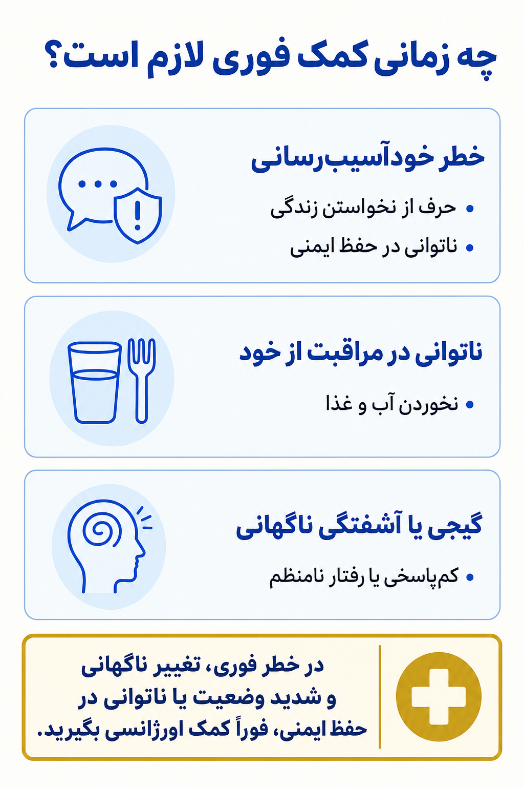 اینفوگرافیک علائم هشدار فوری در اختلال سوگ طولانیمدت شامل نشانههایی که نیاز به کمک تخصصی فوری دارند.