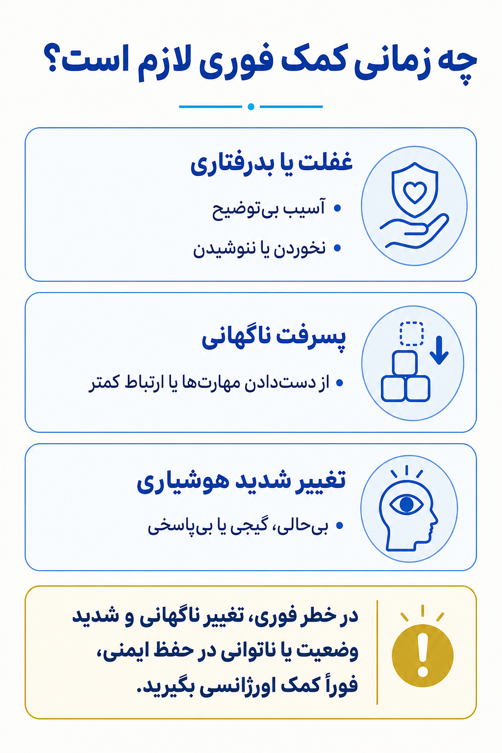 اینفوگرافیک علائم هشدار فوری در اختلال دلبستگی واکنشی شامل نشانههایی که نیاز به کمک تخصصی فوری دارند.