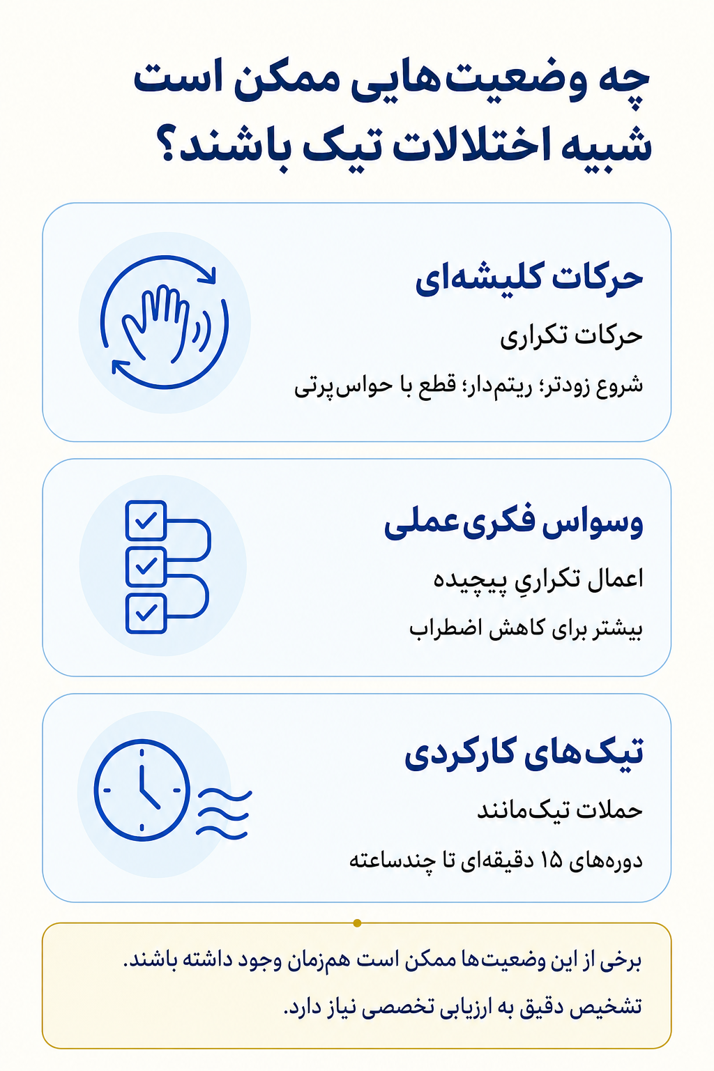 اینفوگرافیک تشخیص افتراقی اختلالات تیک و وضعیتهایی که ممکن است علائم مشابه ایجاد کنند.
