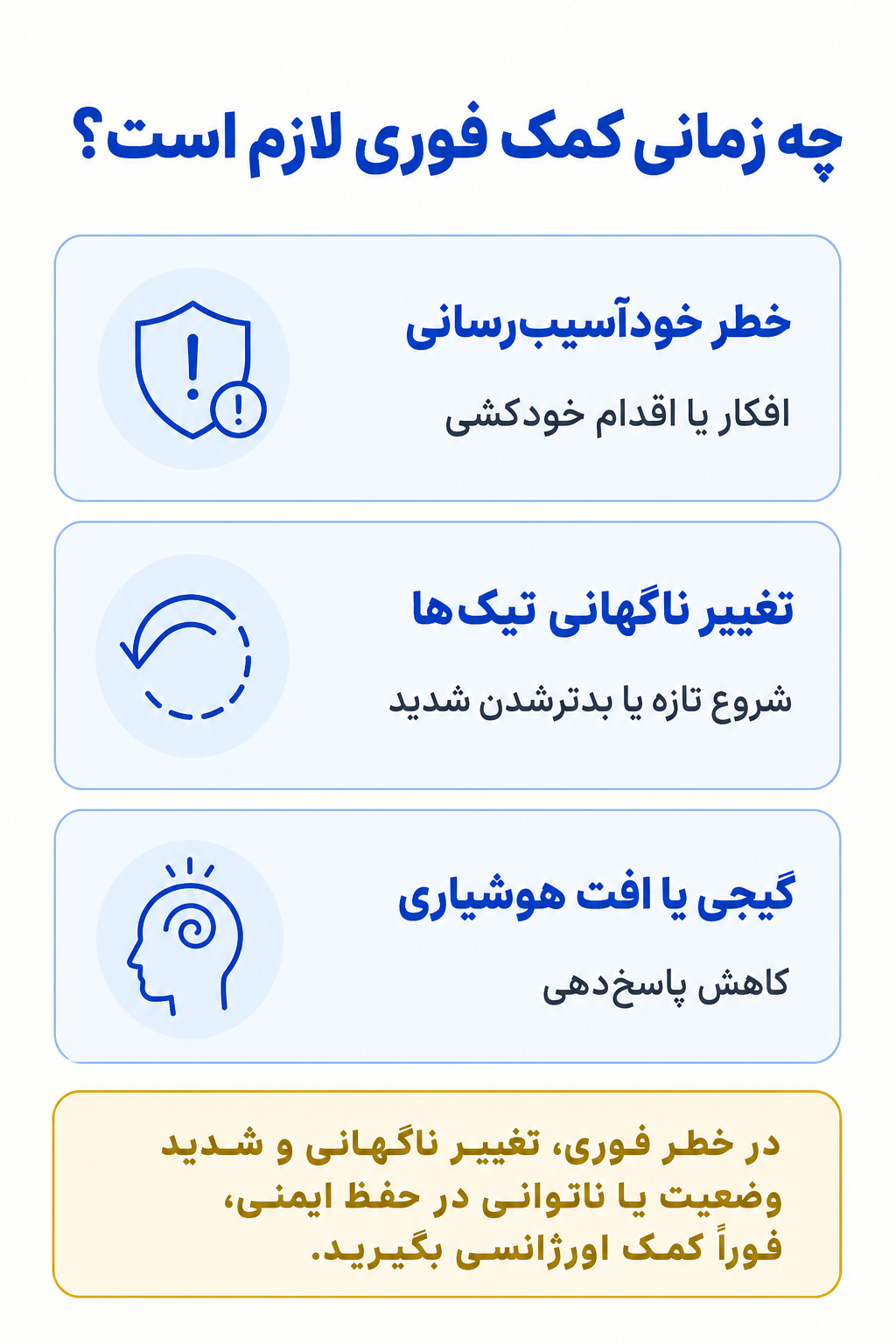 اینفوگرافیک علائم هشدار فوری در اختلالات تیک شامل نشانههایی که نیاز به کمک تخصصی فوری دارند.