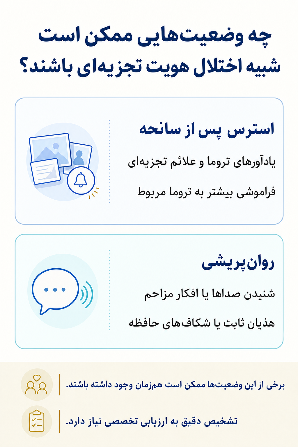 اینفوگرافیک تشخیص افتراقی اختلال هویت تجزیه‌ای و وضعیتهایی که ممکن است علائم مشابه ایجاد کنند.
