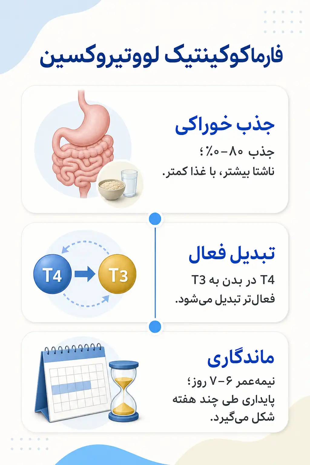 اینفوگرافیک فارماکوکینتیک و مسیر لووتیروکسین در بدن
