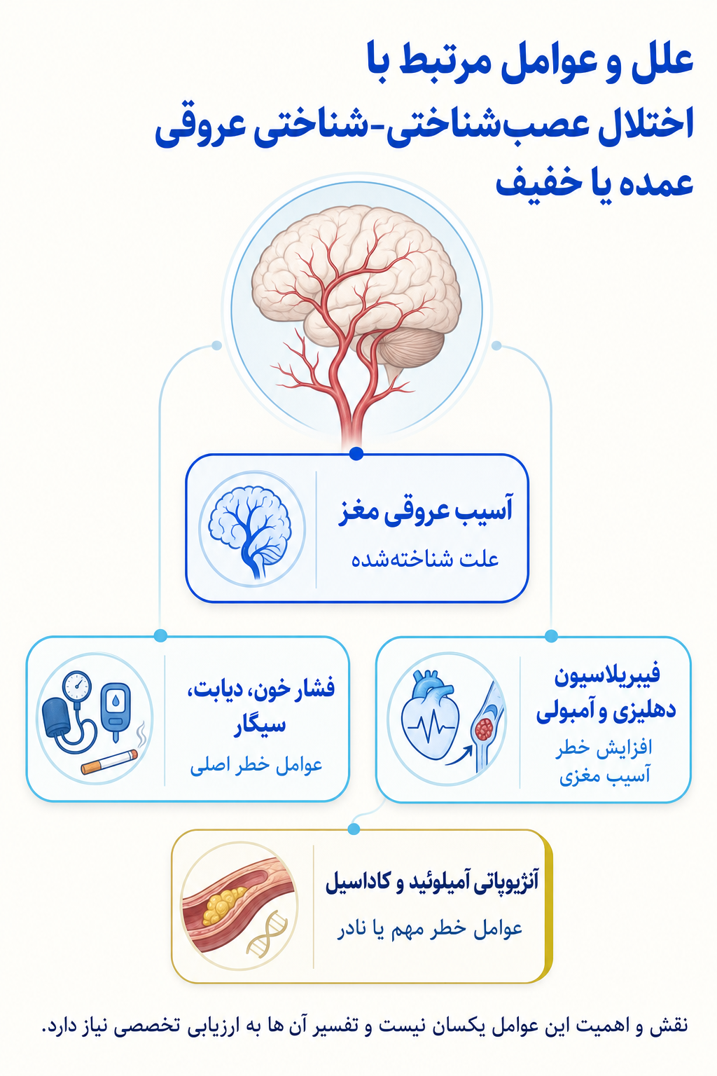 اینفوگرافیک علتها و عوامل خطر اختلال عصبشناختی-شناختی عروقی عمده یا خفیف بر اساس مدل زیستی، روانی و اجتماعی.