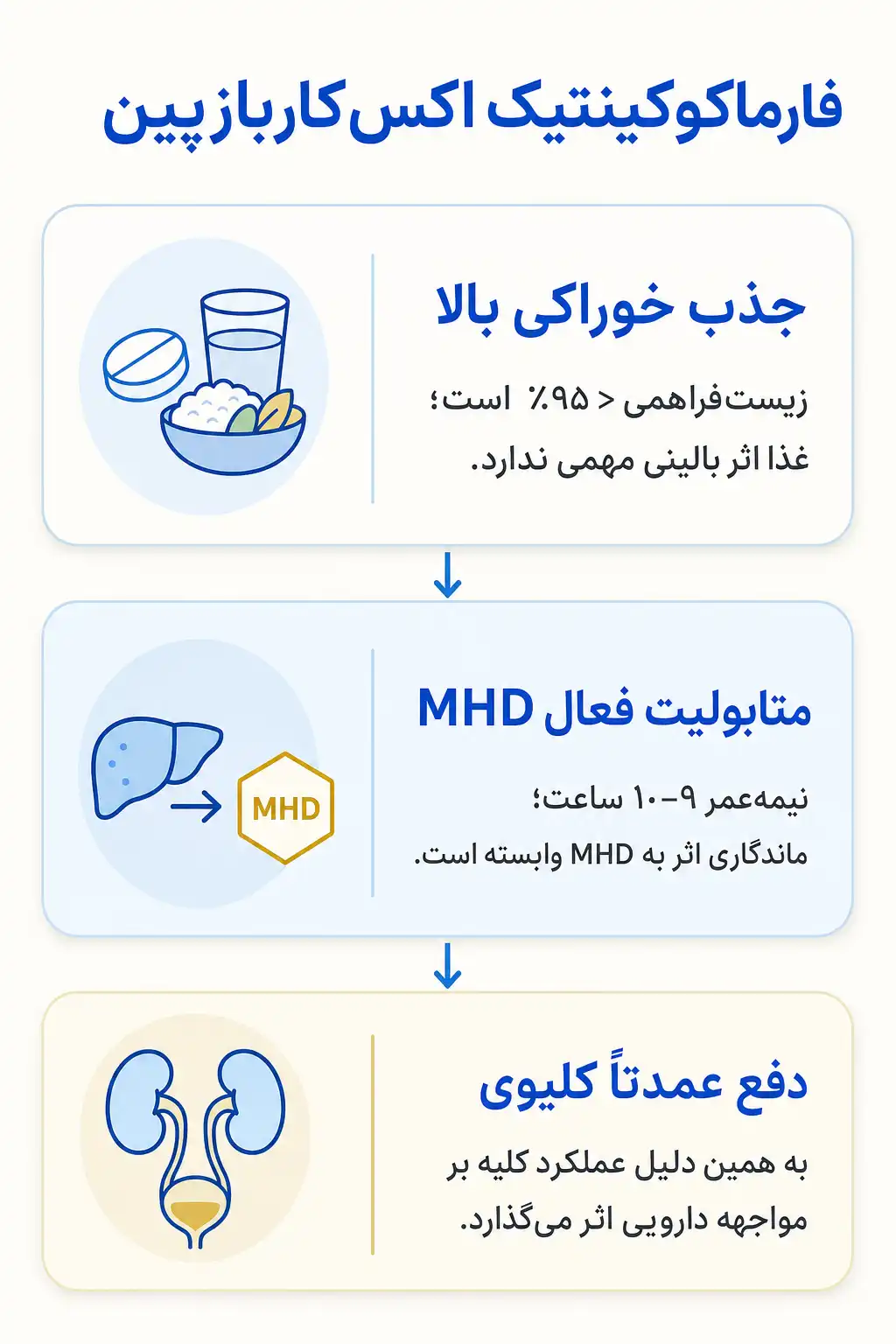 اینفوگرافیک فارماکوکینتیک و مسیر اکس‌کاربازپین در بدن