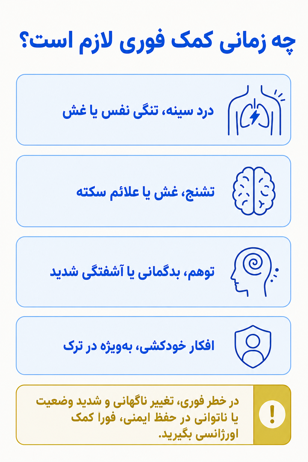 اینفوگرافیک علائم هشدار فوری در اختلال مصرف محرک‌ها شامل نشانههایی که نیاز به کمک تخصصی فوری دارند.