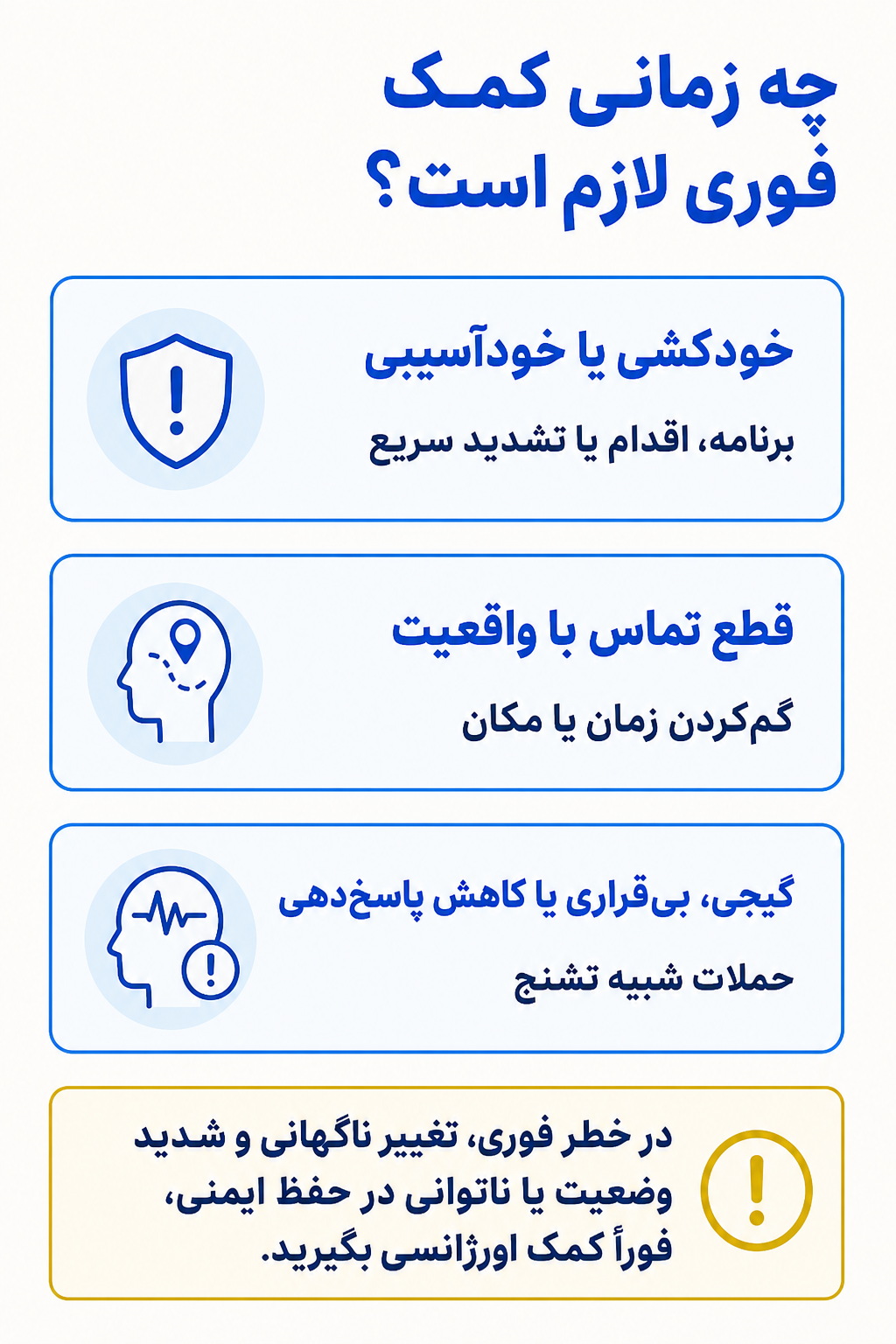 اینفوگرافیک علائم هشدار فوری در اختلال هویت تجزیه‌ای شامل نشانههایی که نیاز به کمک تخصصی فوری دارند.