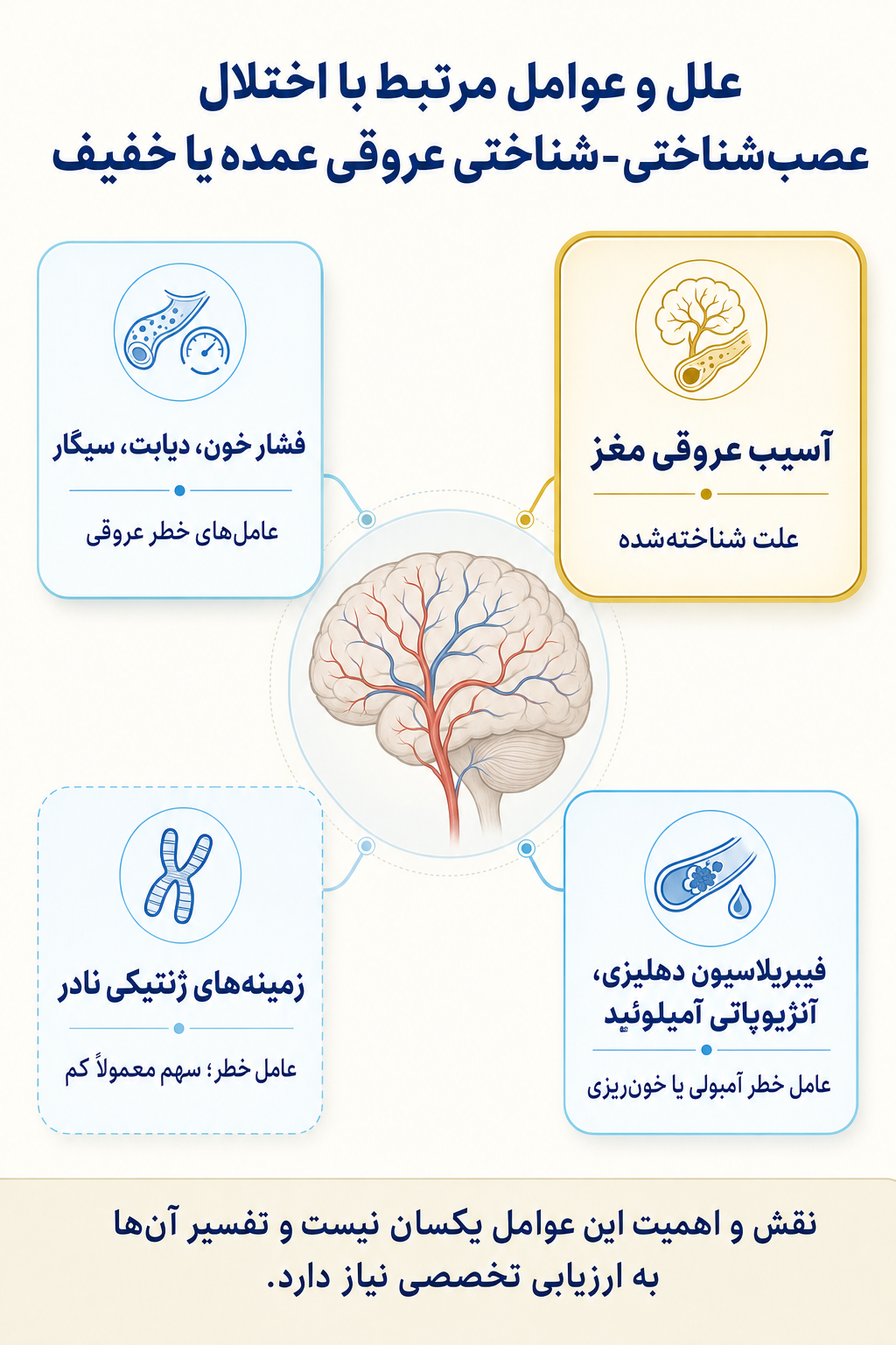 اینفوگرافیک علتها و عوامل خطر اختلال عصبشناختی-شناختی عروقی عمده یا خفیف بر اساس مدل زیستی، روانی و اجتماعی.