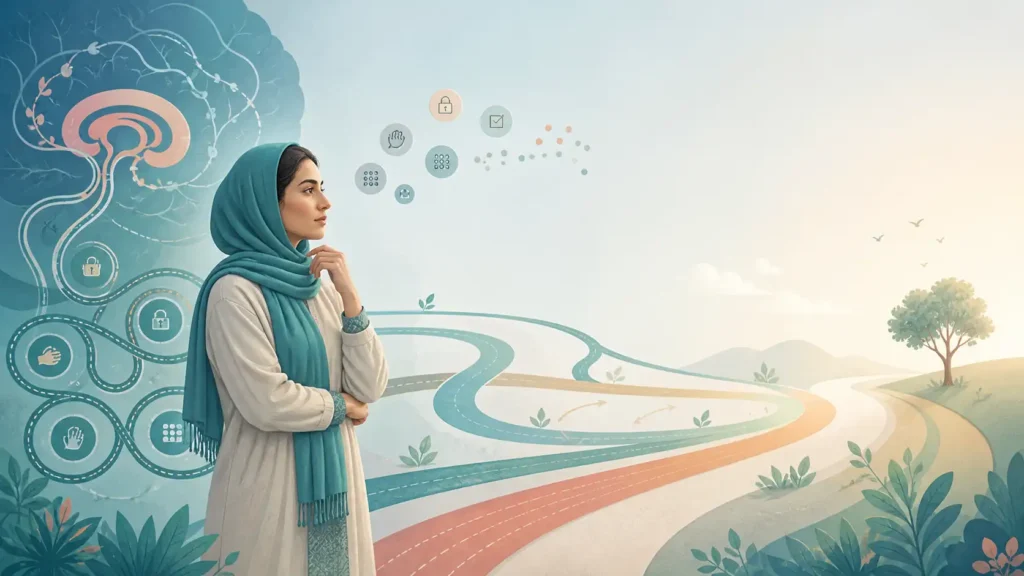 تصویر آموزشی درباره اختلالات وسواس فکری عملی و مرتبط؛ فردی آرام در حال مدیریت افکار مزاحم و یافتن مسیرهای انعطاف‌پذیر ذهنی.