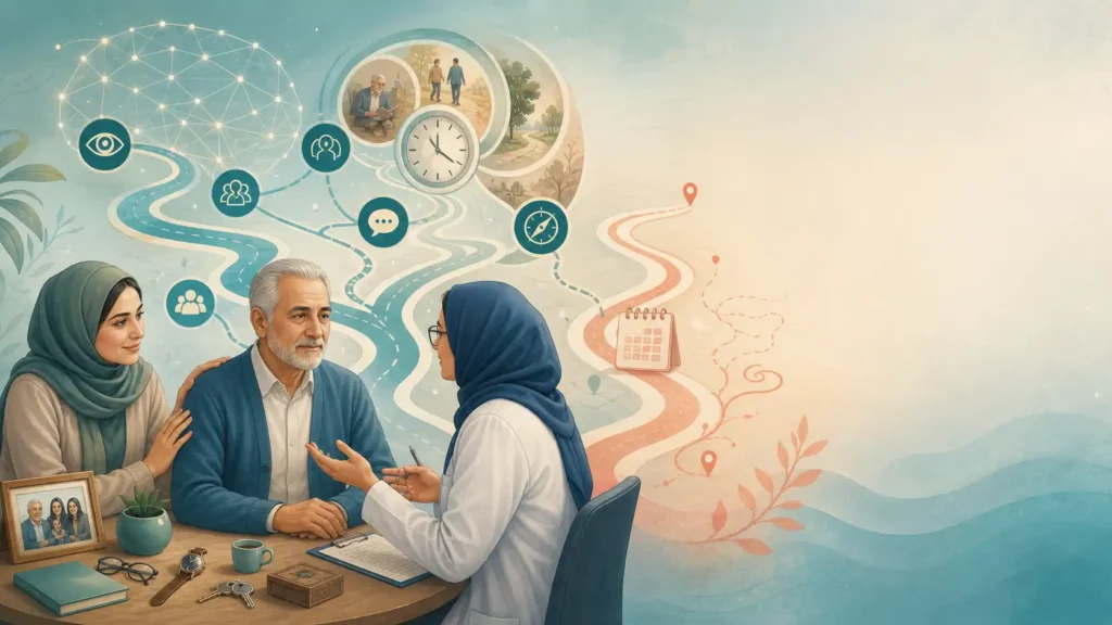 تصویر آموزشی درباره اختلالات عصبی شناختی؛ حافظه، توجه و عملکردهای شناختی در تعامل با حمایت خانواده و درمان.