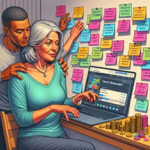 تصویری از یک بزرگسال در حال استفاده از برنامه مالی دیجیتال بر روی لپ‌تاپ، با یادداشت‌هایی روی دیوار برای یادآوری، نمادهایی از تکانشگری در خریدهای کوچک و پشتیبانی خانواده.