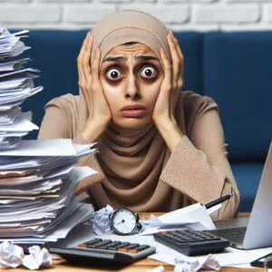 تصویری از یک فرد که به دلیل استرس و اضطراب ناشی از کمالگرایی فلج شده است، در حال لیتک بر روی یک صندلی نشسته، با دفتری روبهرو