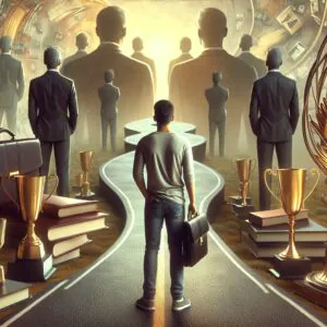 ترس از موفقیت به عنوان مانعی در مسیر رشد فردی، با تصاویری از افراد نگران و در فکر، در محیطهای مختلف شغلی و اجتماعی