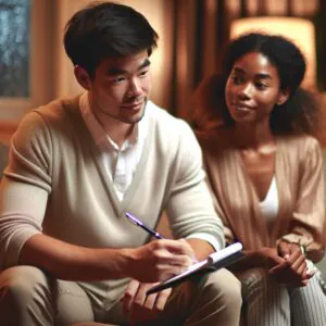 تصویری از یک زوج در حال مکالمه با یکدیگر که یکی از آنها با یک دفترچه یادداشت در حال یادداشتبرداری است تا تمرکز خود را بهبود بخشد.