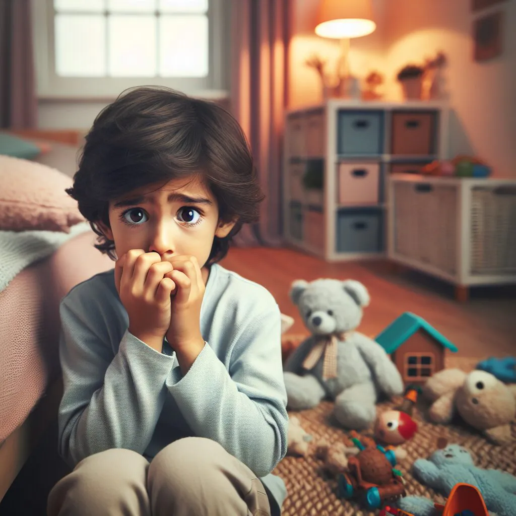 راههای کاهش ترس کودکان: از شناخت تا درمان تصویری از یک کودک که در اتاق خود نشسته و با چشمان بزرگ و دستهایی که صورتش را پوشانده، احساس ترس میکند.