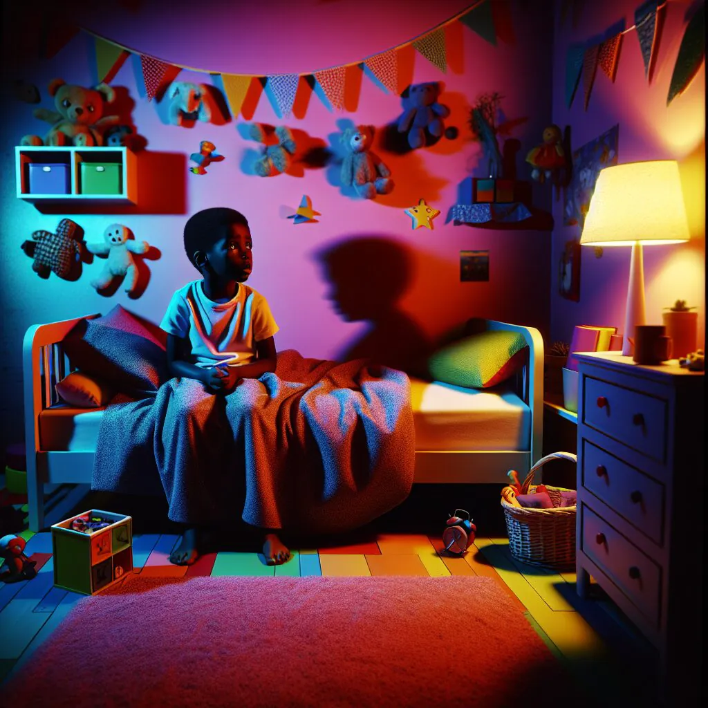 راههای کاهش ترس کودکان: از شناخت تا درمان تصویری از یک کودک در حال مواجهه با سایه ترسناک در اتاق خود