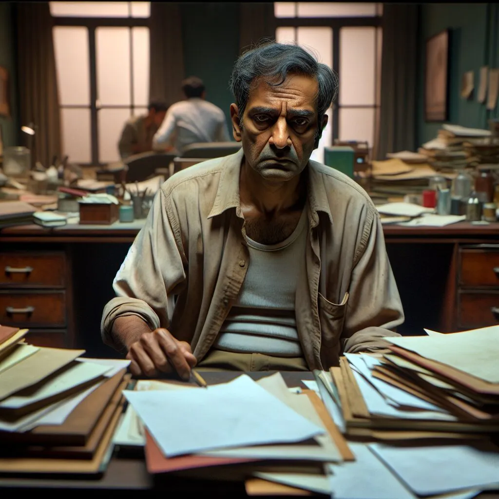 پیشگیری و مقابله با فرسودگی عاطفی ناشی از کمالگرایی تصویری از مردی با چهره خسته و نگران که در پشت میز نشسته است. میز پر از کاغذ و دفترچههای یادداشت است که نشاندهنده تلاش برای رسیدن به کمال است.