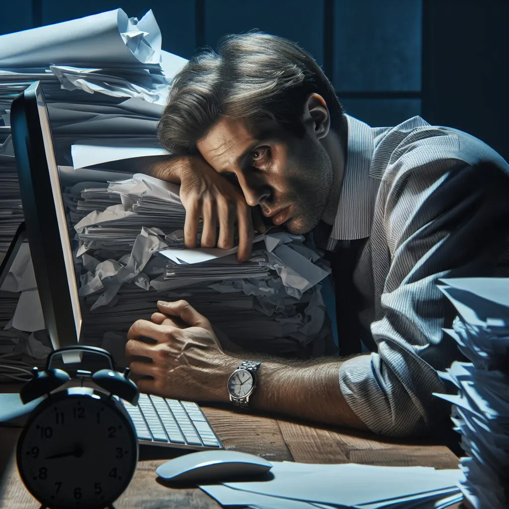 پیشگیری و مقابله با فرسودگی عاطفی ناشی از کمالگرایی تصویری از فردی که احساس خستگی و فشار روانی میکند، در یک اتاق کاری شلوغ با کاغذها و ساعتهای شلوغی